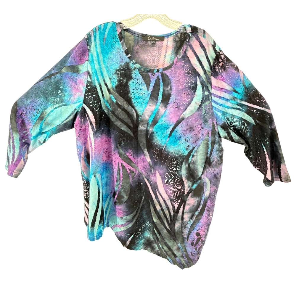 Calease Womens 2X Abstract Burnout Top Teal Purple 3/4 Sleeve Blouse RN 164016